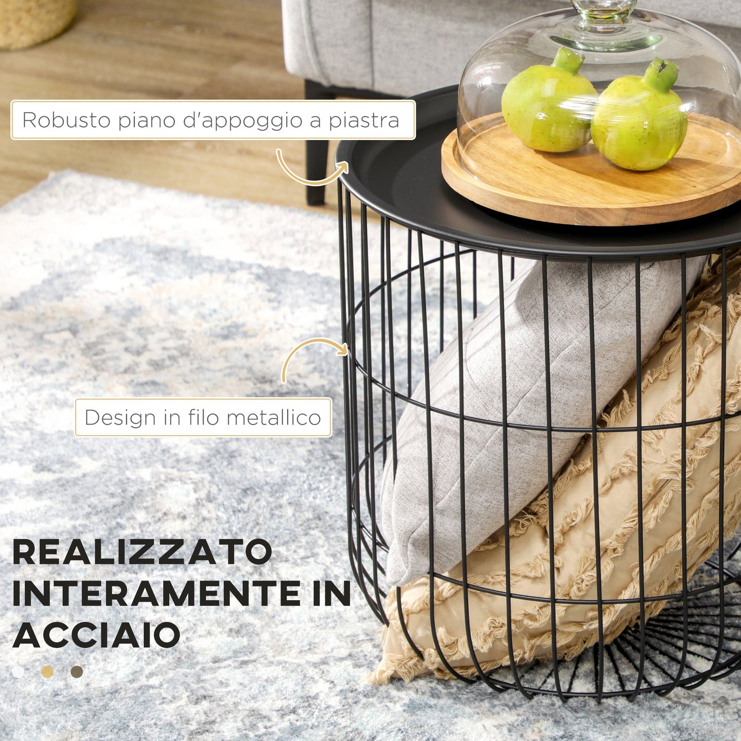 Set of 2 Round Stackable Steel Coffee Tables with Storage Compartment, Black