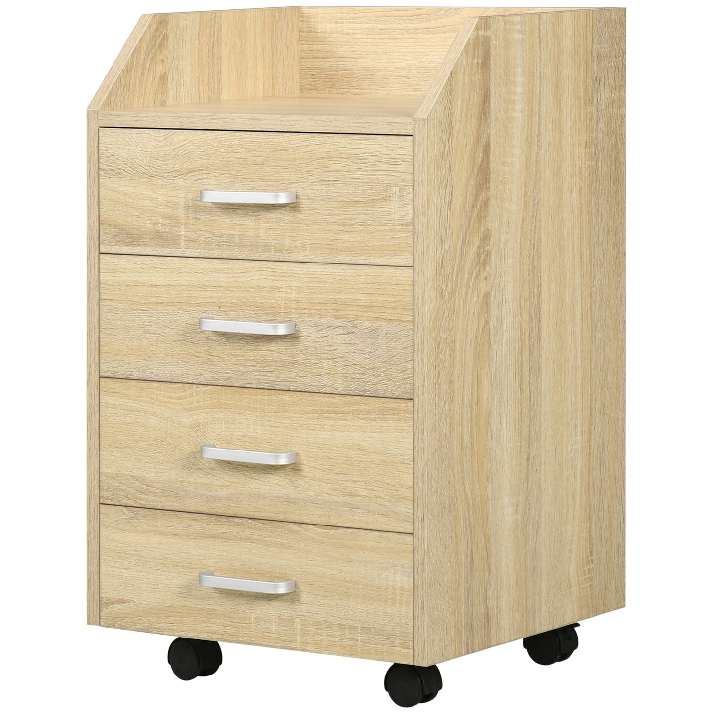 Wooden Office Chest with 4 Drawers, Wheels and Raised Edges, 40x36x65cm, Natural Wood