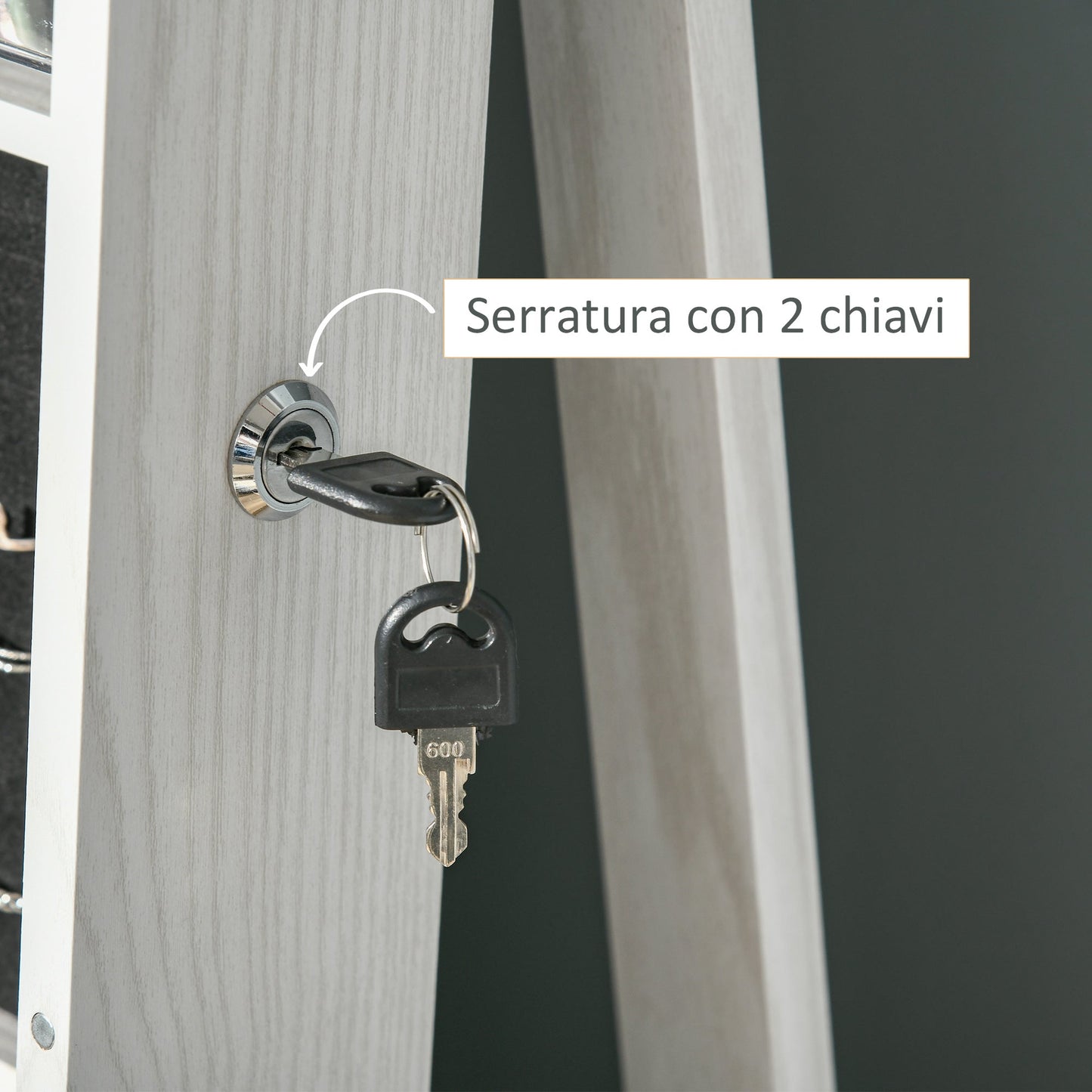 Rotating Jewellery Mirror for Bedroom with 2 Keys, White Wood and Glass, 38x38x160 cm