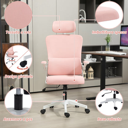 Adjustable and Reclining Office Chair with Removable Headrest, Mesh Fabric, 60x59x114-122 cm, Pink