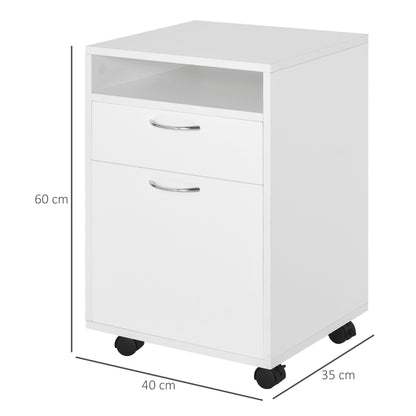 4-Wheel Office File Cabinet with Open Shelf and 2 Drawers, Wood and Metal Office Storage Unit, 40x35x60 cm, White