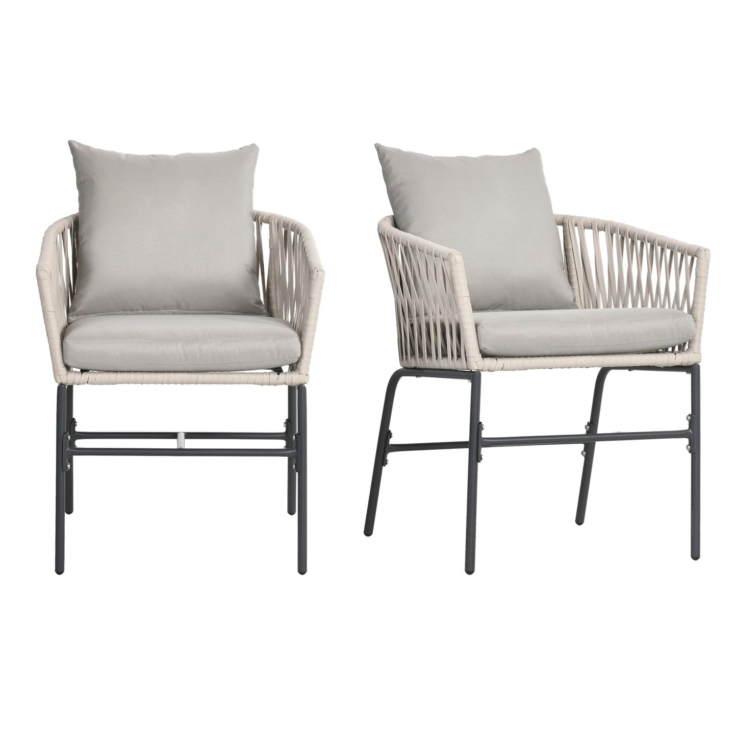 Set of 2 Boho Style Garden Chairs with Rope Upholstery and Padded Cushions, Grey