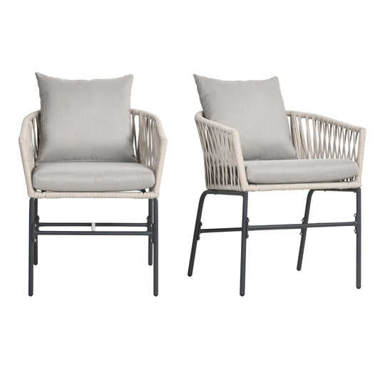 Set of 2 Boho Style Garden Chairs with Rope Upholstery and Padded Cushions, Grey