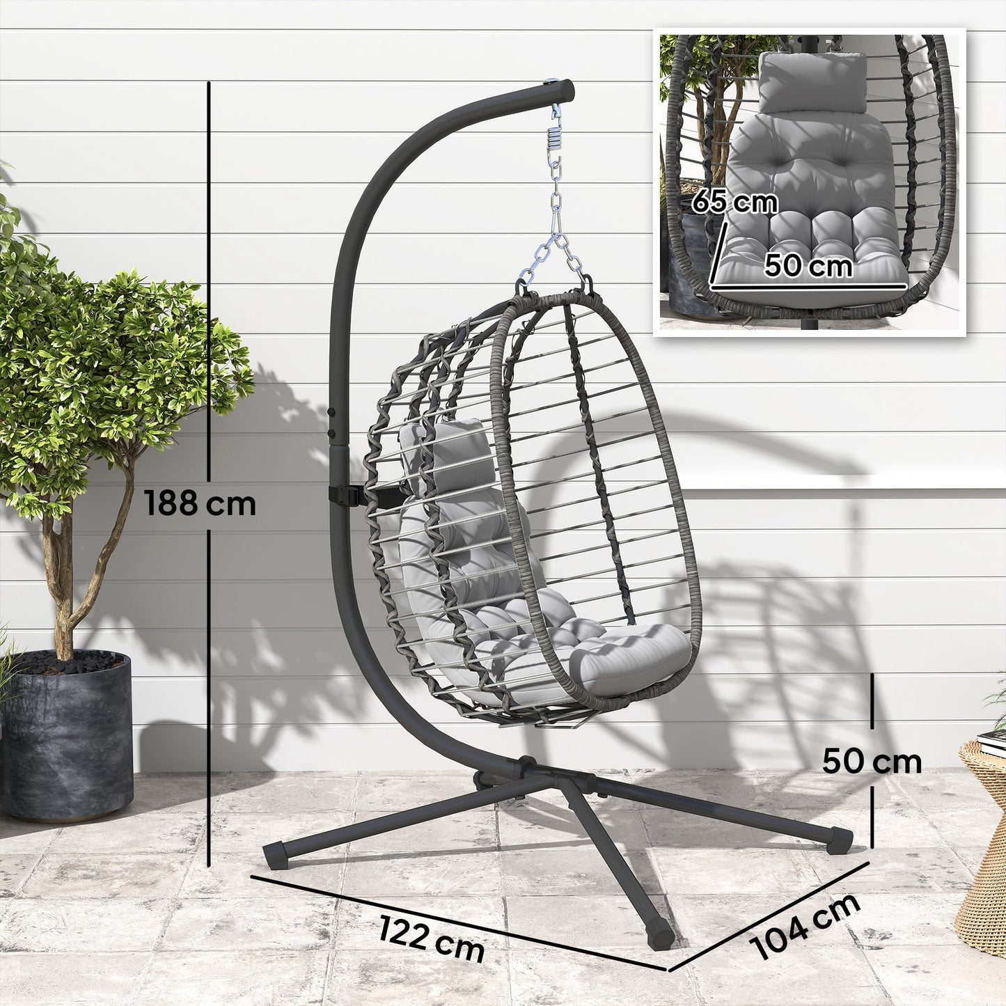 Rattan Hanging Egg Chair with Cushion and Headrest, Adjustable Height and Foldable Seat, Grey