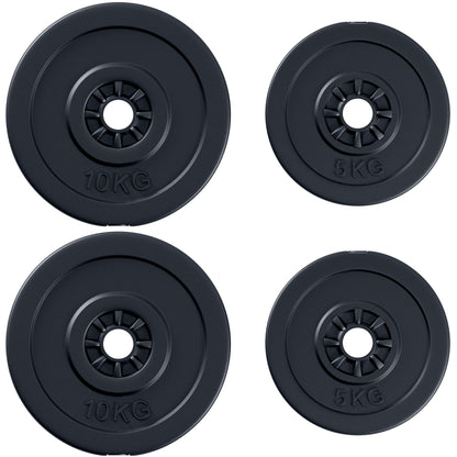 Set of 4 Weight Plates for Barbell and Dumbbells Total Weight 30kg, 2x5kg and 2x10kg, Black