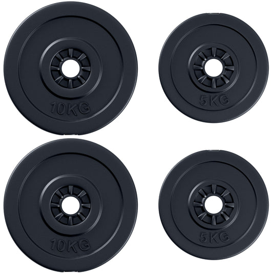 Set of 4 Weight Plates for Barbell and Dumbbells Total Weight 30kg, 2x5kg and 2x10kg, Black