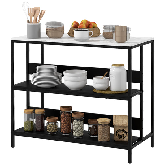 Kitchen Island with Shelves, Marble Effect Top and Metal Frame, 100x50x90cm, Black and White