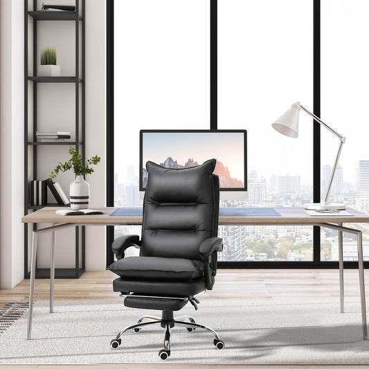 Black Faux Leather Office Chair, Height-Adjustable Executive Chair with 155° Reclining High Back and Footrest