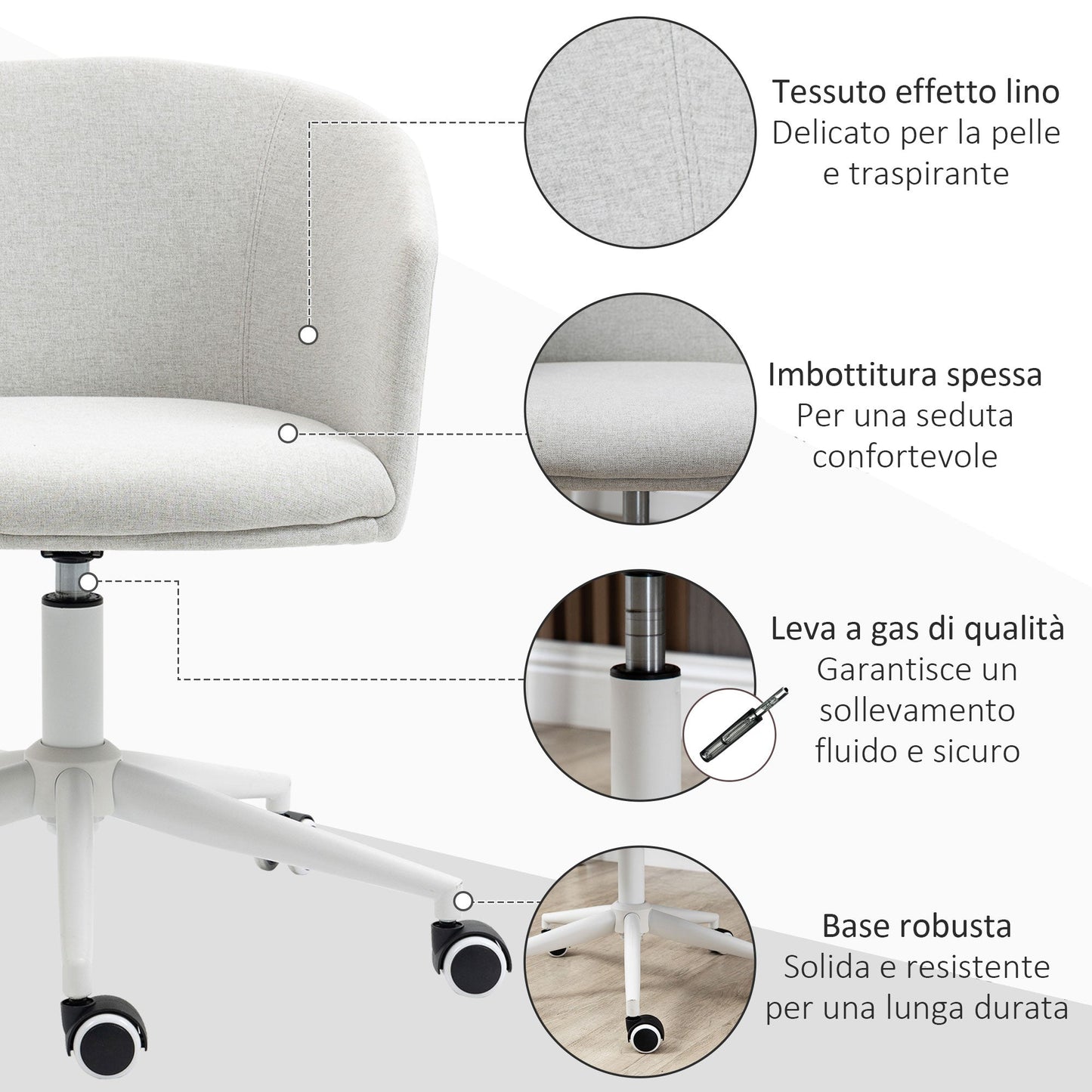 Height Adjustable Office Chair with Wheels and Swivel Fabric Seat, Light Grey