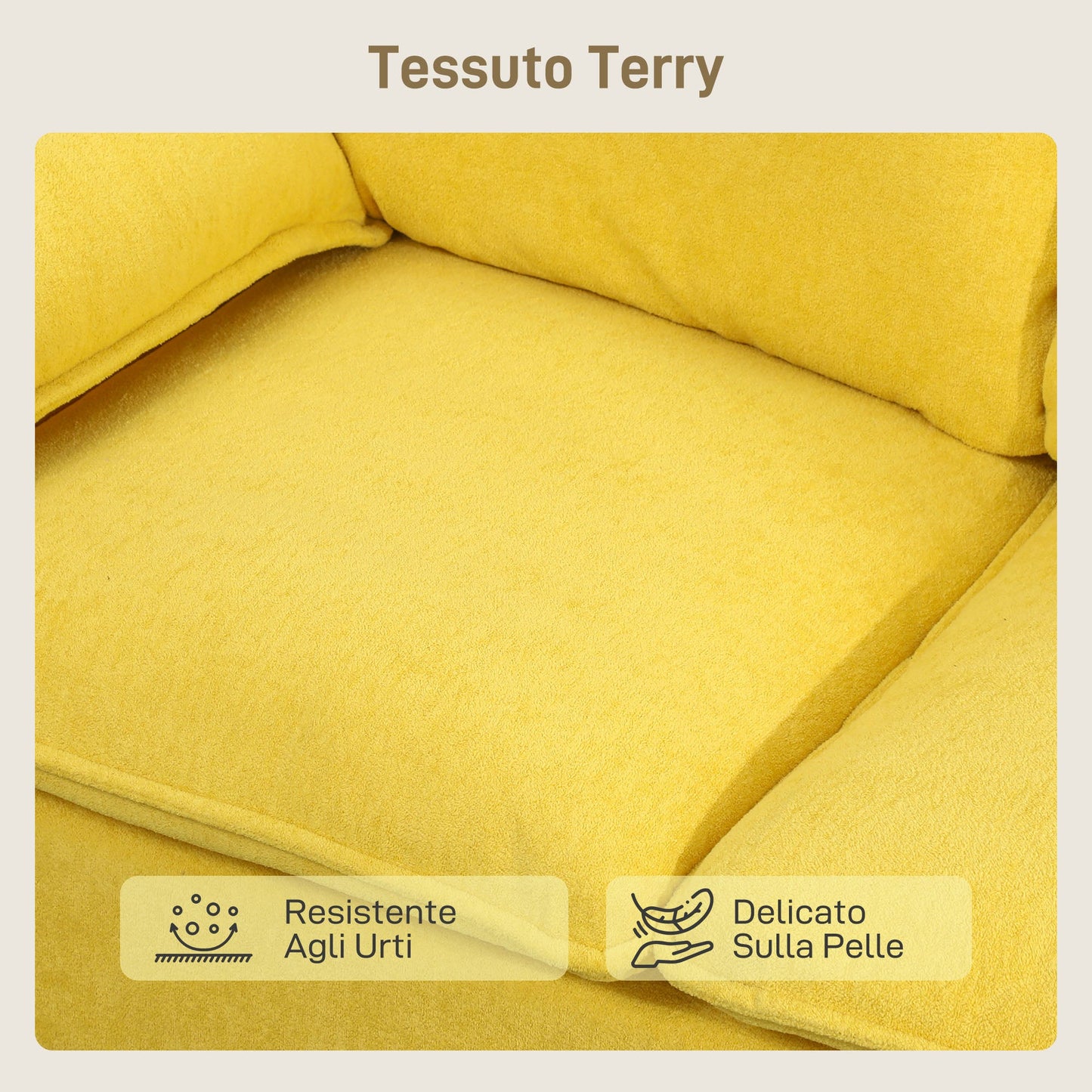 Modern 2-Seater Sofa with Cushions and Terry Fabric Upholstery, 130x77x84 cm, Yellow