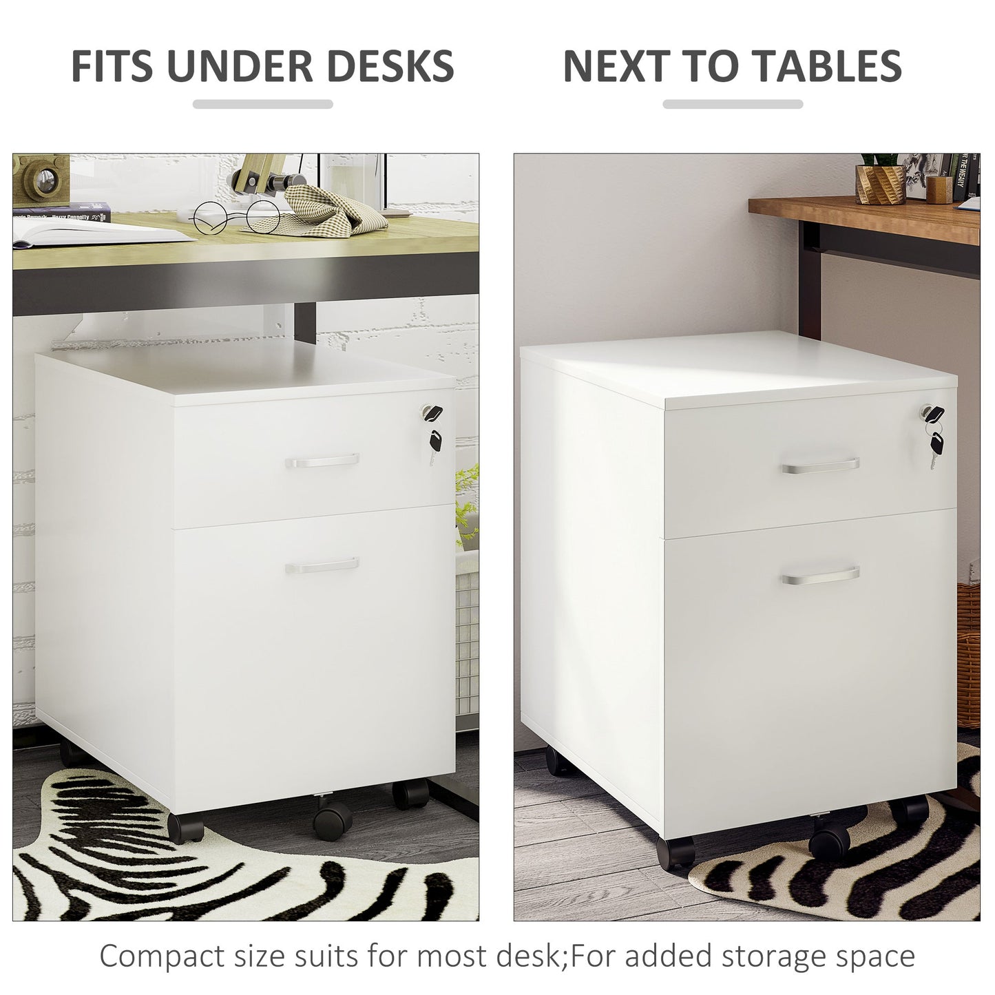 2 Drawer Office Chest with Lock and 5 Wheels, Chipboard, 40x49x58 cm, White