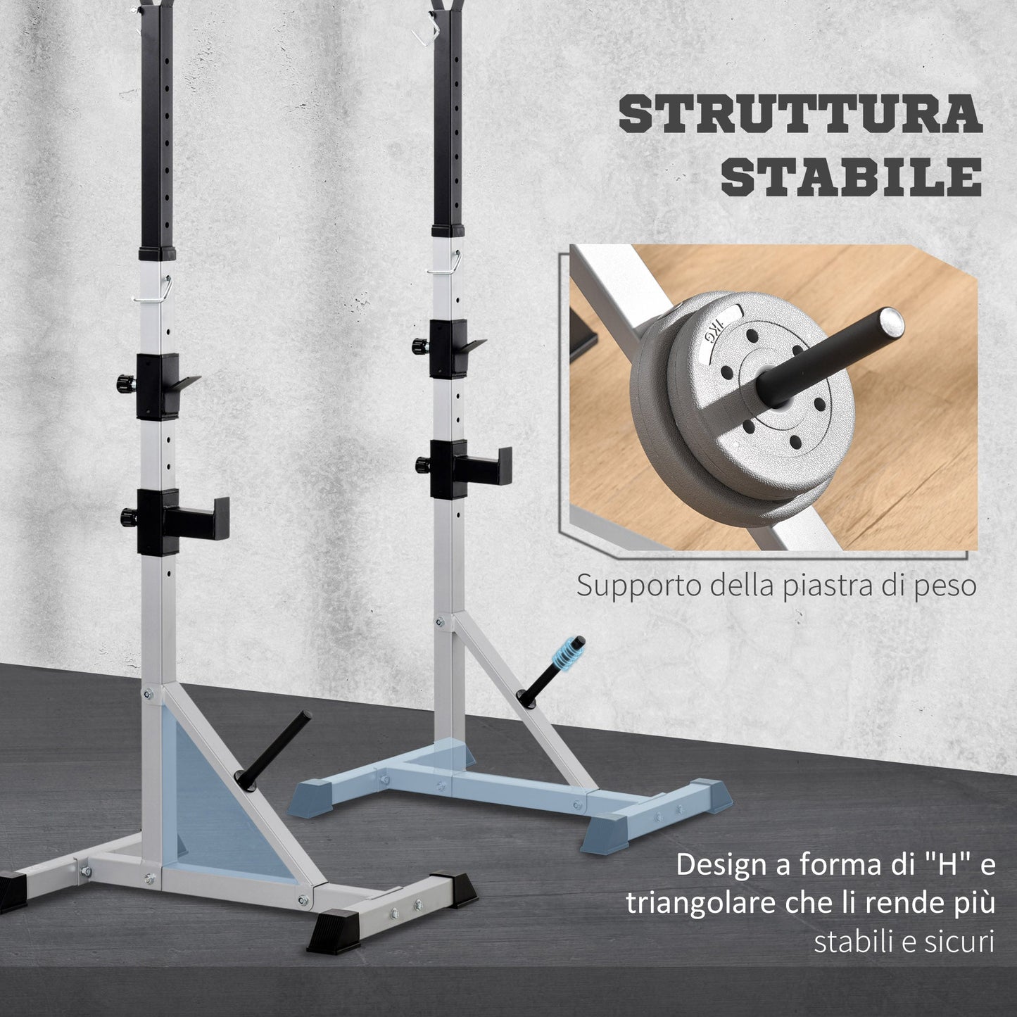 Set of 2 Steel Barbell Stands with 3 Hooks, Adjustable Height and 200kg Capacity, Silver and Black