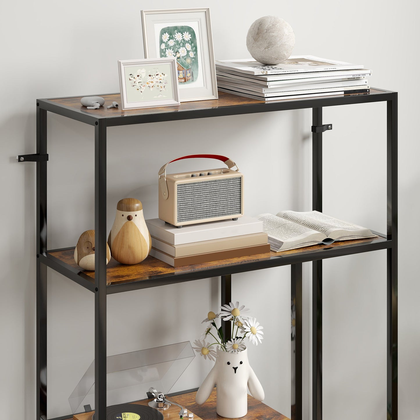 Industrial Style 4-Tier Bookcase in Wood and Metal, 77x30x116 cm, Rustic Brown