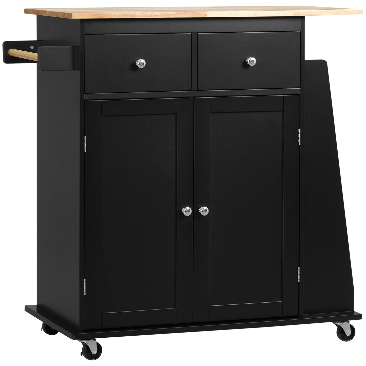 Kitchen Trolley with Cabinet, 2 Drawers and Spice Rack, Wooden Kitchen Island, 89x45x89.5cm, Black