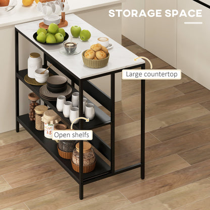Kitchen Island with Shelves, Marble Effect Top and Metal Frame, 100x50x90cm, Black and White