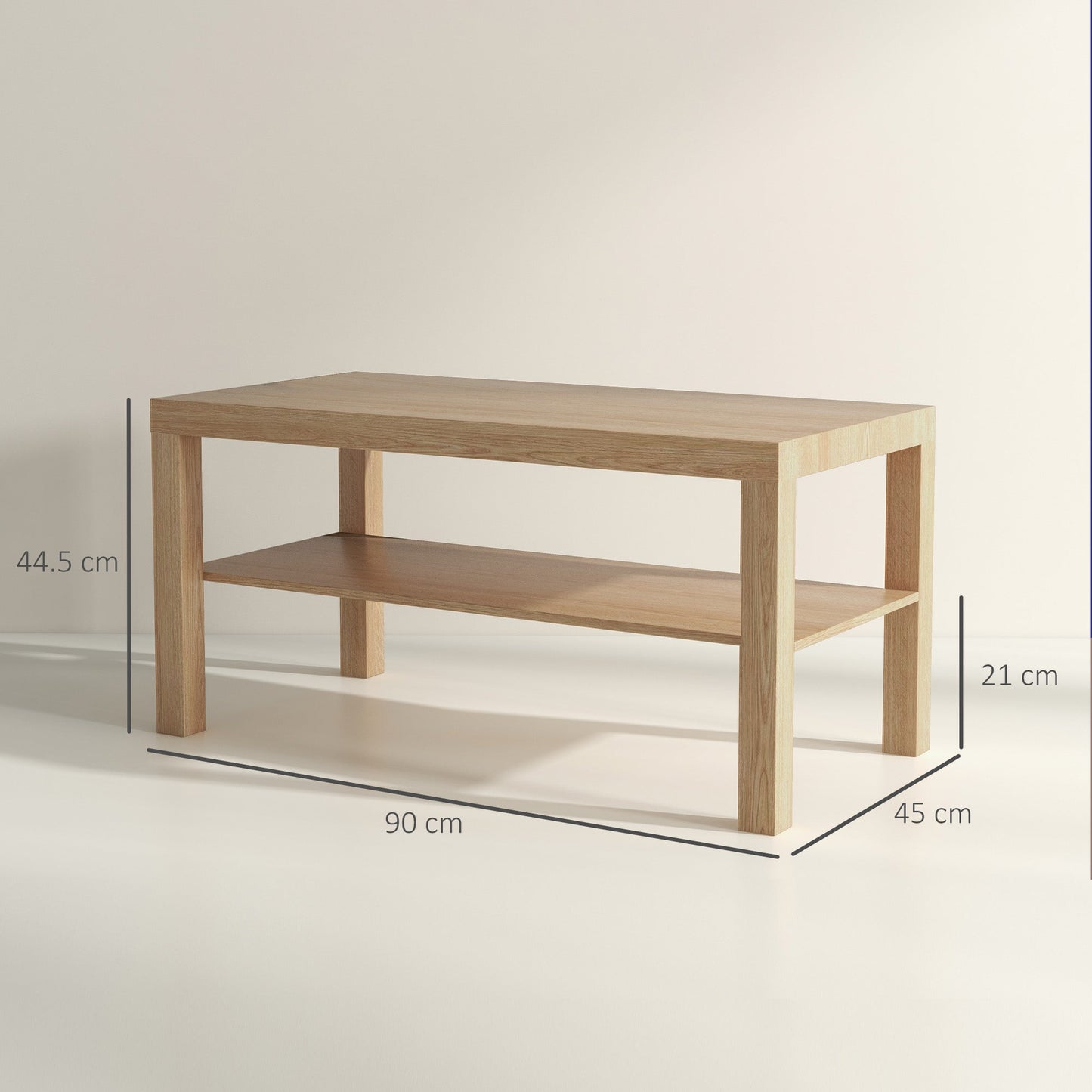Rectangular Coffee Table with Large Shelf, 90×45×44.5 cm, Natural Wood