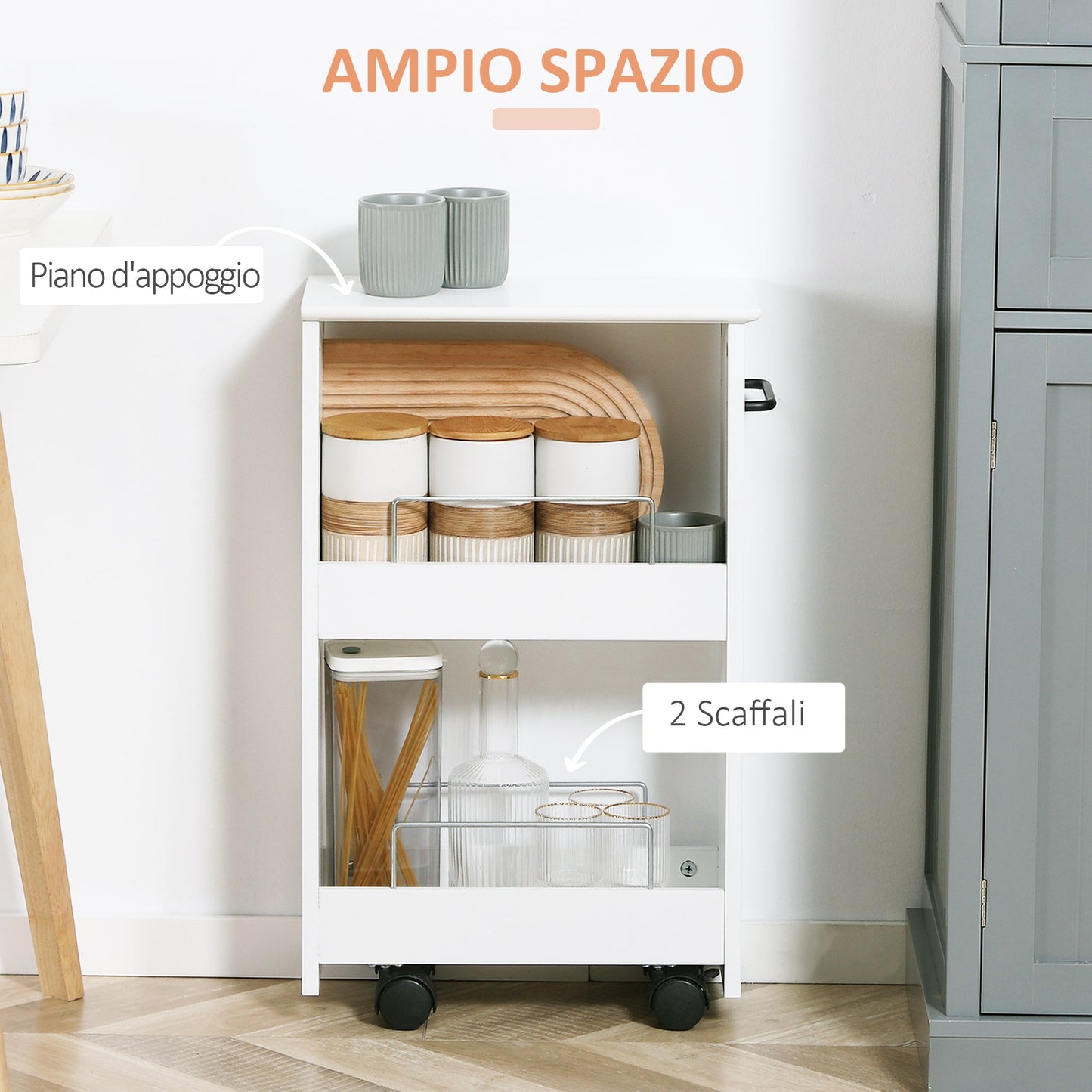 Multipurpose Space Saving Cart in MDF Wood and Wheels, 42.5x20.3x66.7cm, White