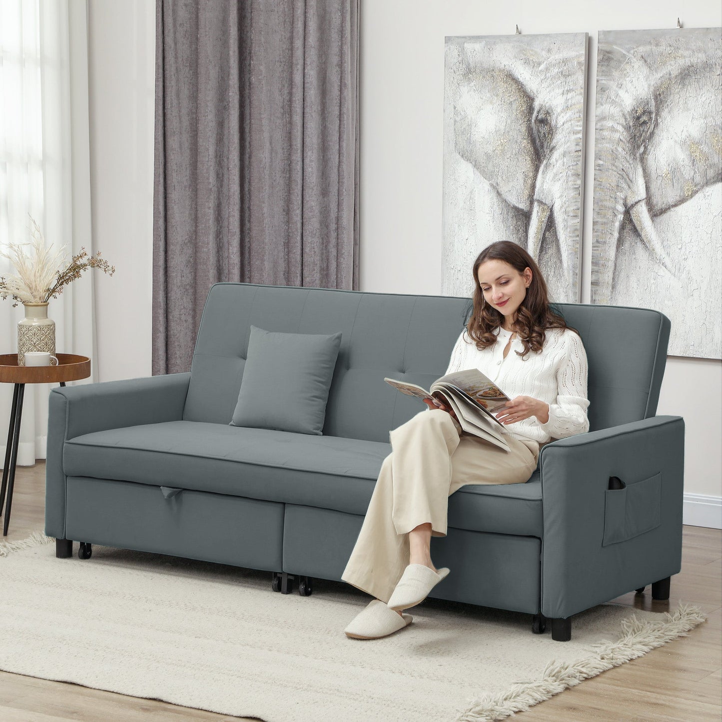 Clic Clac 3-Seater Sofa Bed with Reclining Backrest and 2 Cushions, 196x90x89 cm, Grey