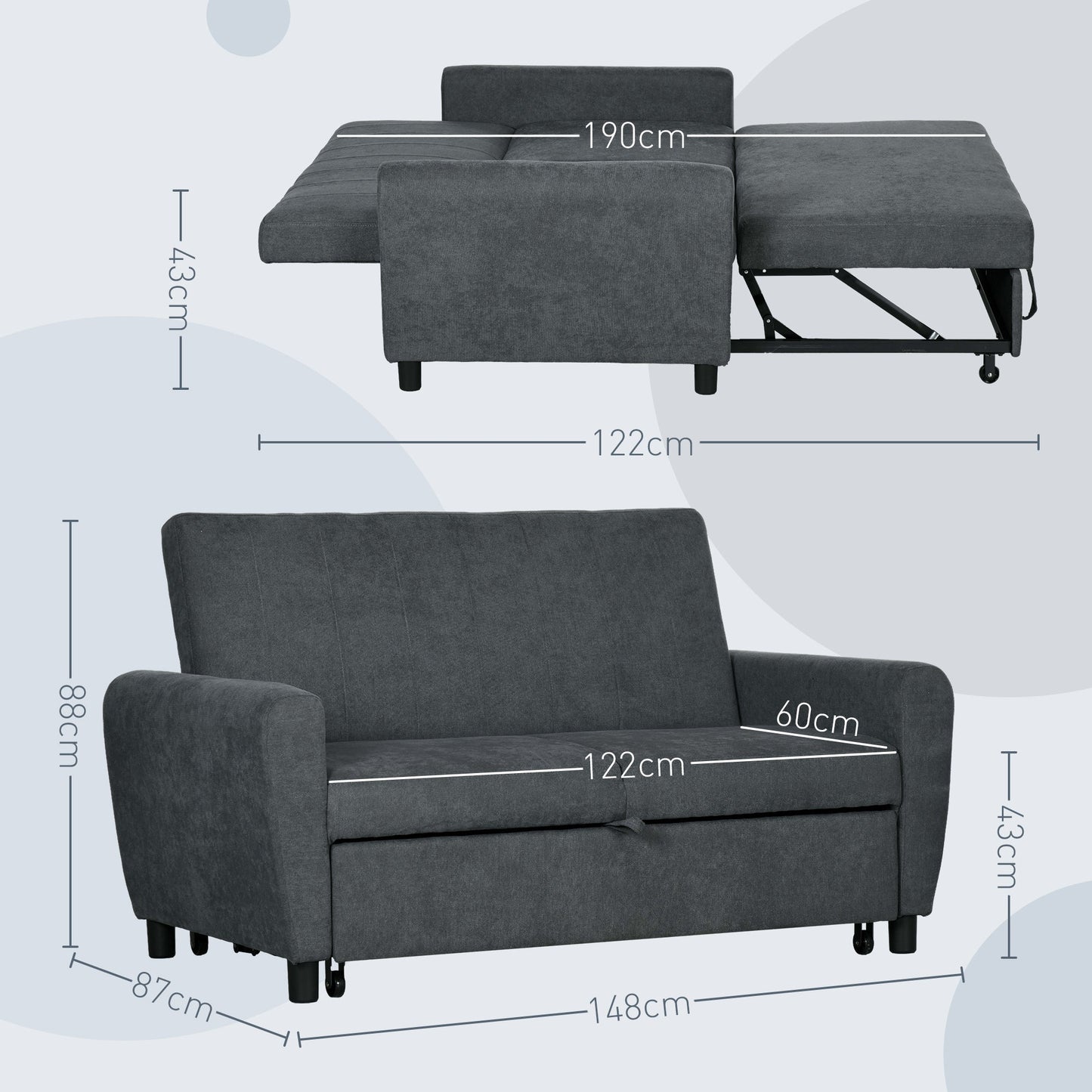 Sofa Bed with 3-Level Adjustable Backrest, in Velvet Effect Fabric, 148x87x88 cm, Grey