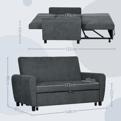 Sofa Bed with 3-Level Adjustable Backrest, in Velvet Effect Fabric, 148x87x88 cm, Grey