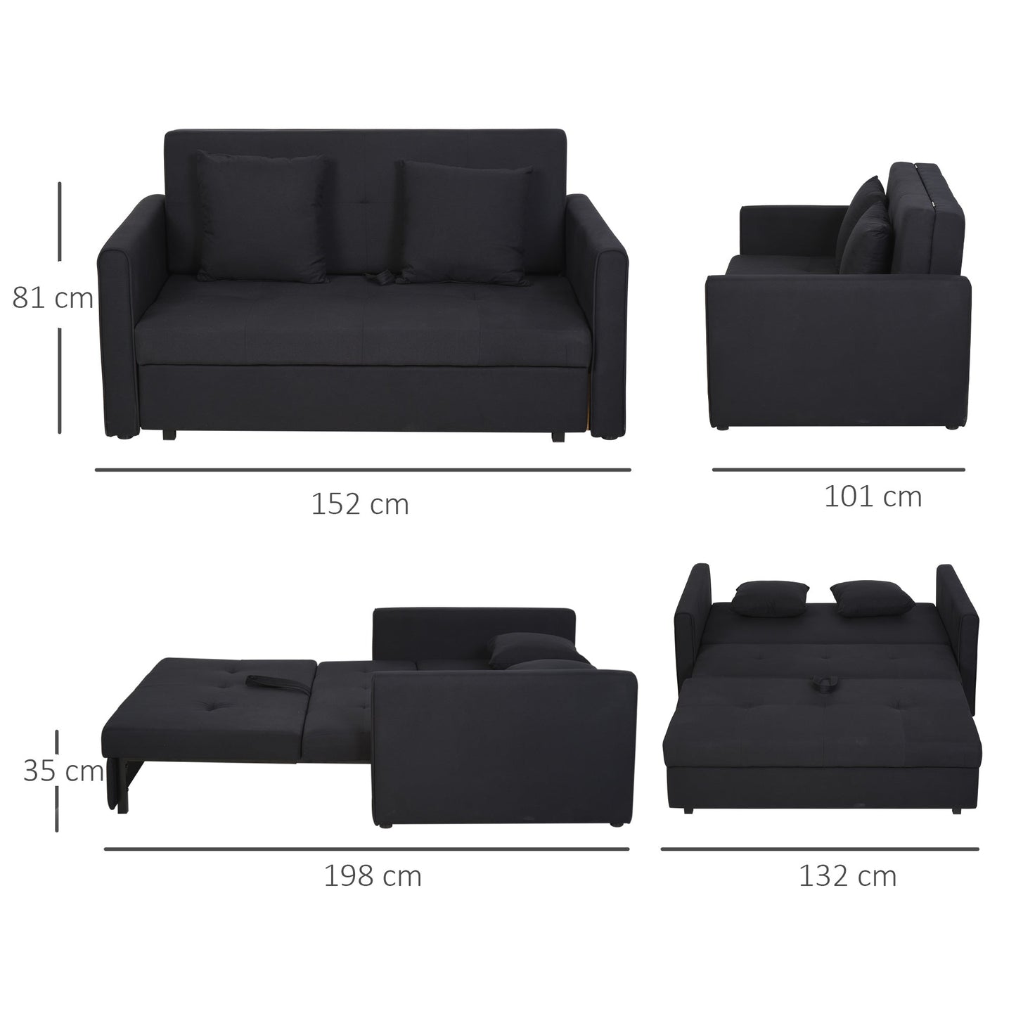 2 Seater Sofa Bed with Storage Space for Living Room and Bedroom, in Polycotton and Foam Rubber, Grey