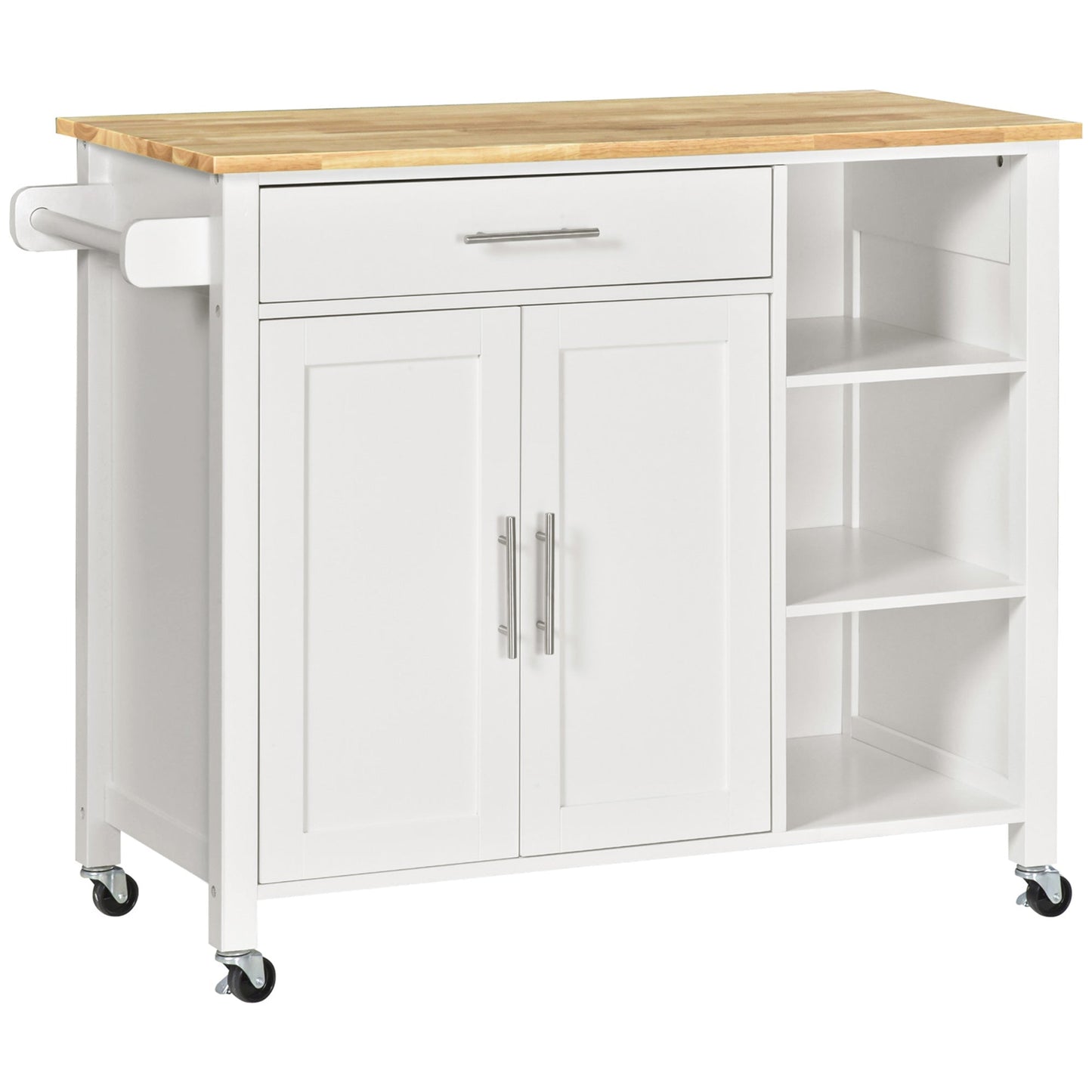Space-Saving Trolley with Wheels, Solid Wood Kitchen Peninsula: 1 Drawer, 1 Cabinet, 3 Shelves and 4 Wheels, 107.5x48x89 cm