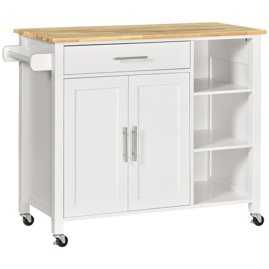 Space-Saving Trolley with Wheels, Solid Wood Kitchen Peninsula: 1 Drawer, 1 Cabinet, 3 Shelves and 4 Wheels, 107.5x48x89 cm