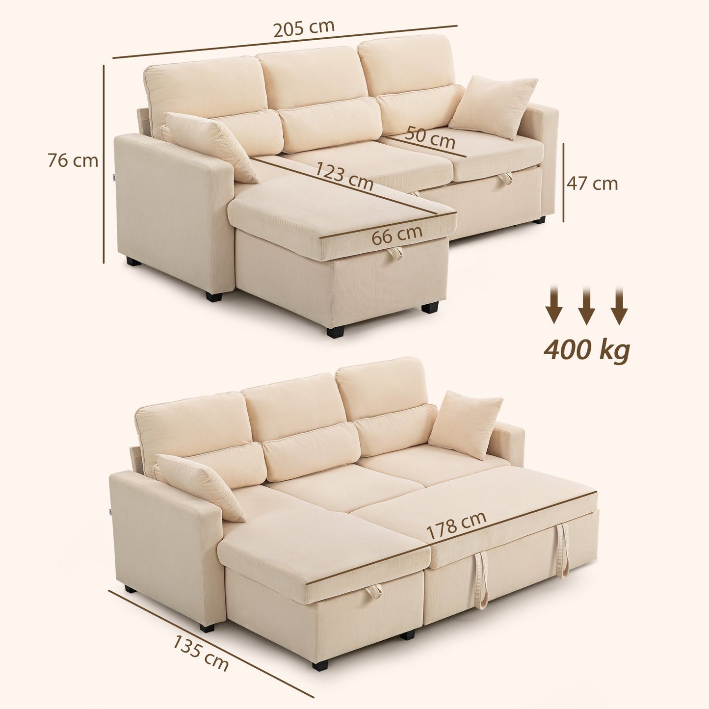 Corner Sofa Bed with Storage, Corduroy Upholstery and 2 Cushions, 205x135x76 cm, Beige