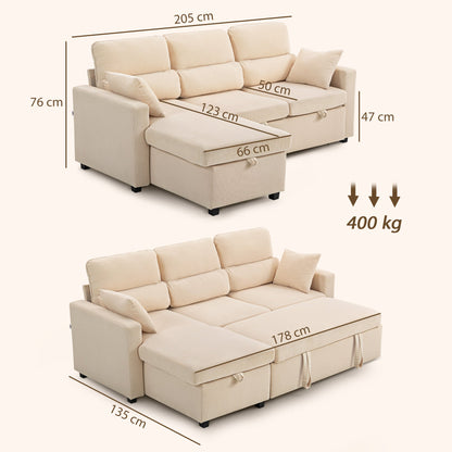 Corner Sofa Bed with Storage, Corduroy Upholstery and 2 Cushions, 205x135x76 cm, Beige