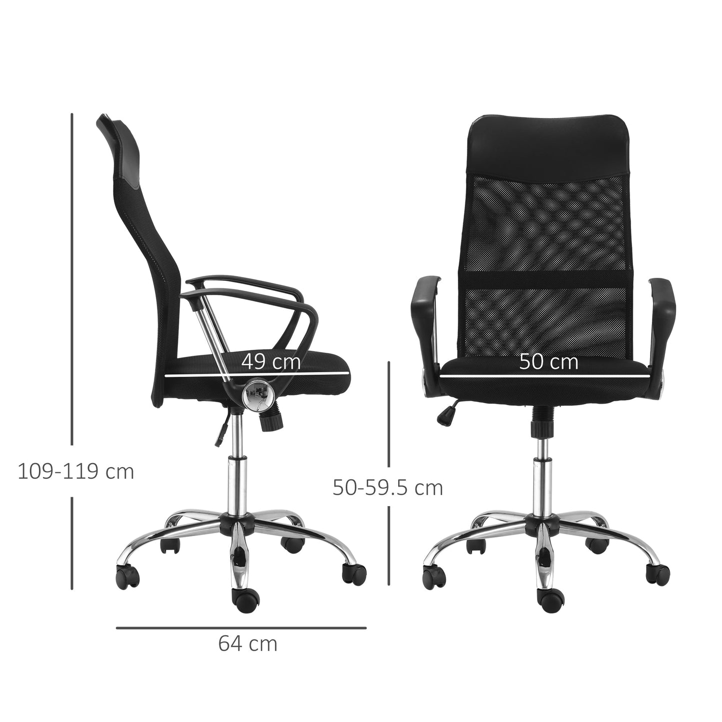 Ergonomic Office Chair Swivel and Rocking with Wheels, Adjustable Height and Mesh Backrest, 63x65x109-119 cm, Black