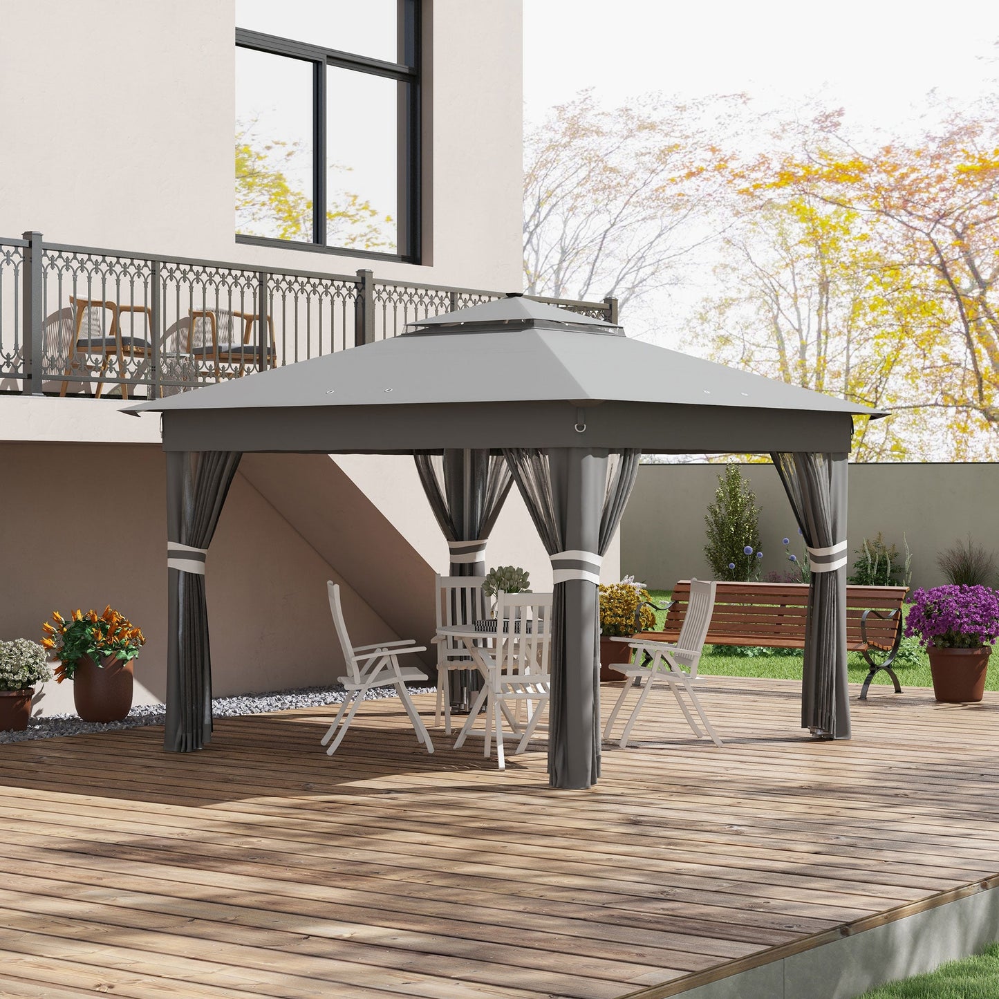 Adjustable Height Garden Gazebo with LED Lights, in Steel and Oxford Fabric, 336x336x250-270 cm, Grey