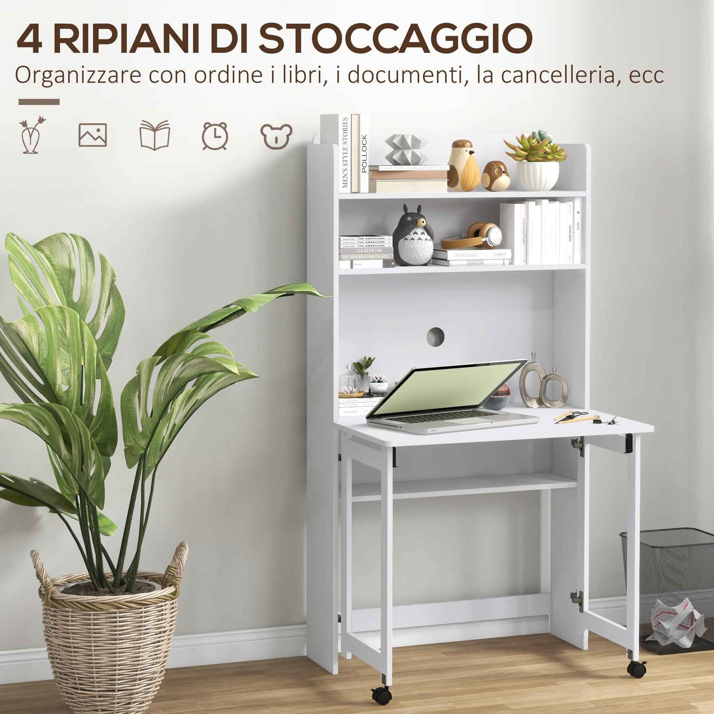Folding Desk with 4-Tier Bookcase, 2 Wheels and Cable Hole, 80x69x155 cm, White