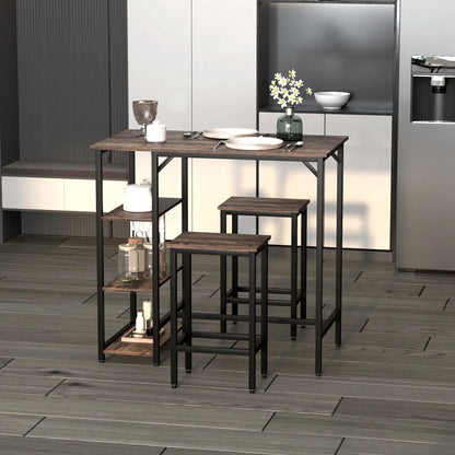 Industrial Style High Table Set with 2 Stools and Shelf in Metal and Wood, Modern Bar and Kitchen Furniture, Rustic Brown
