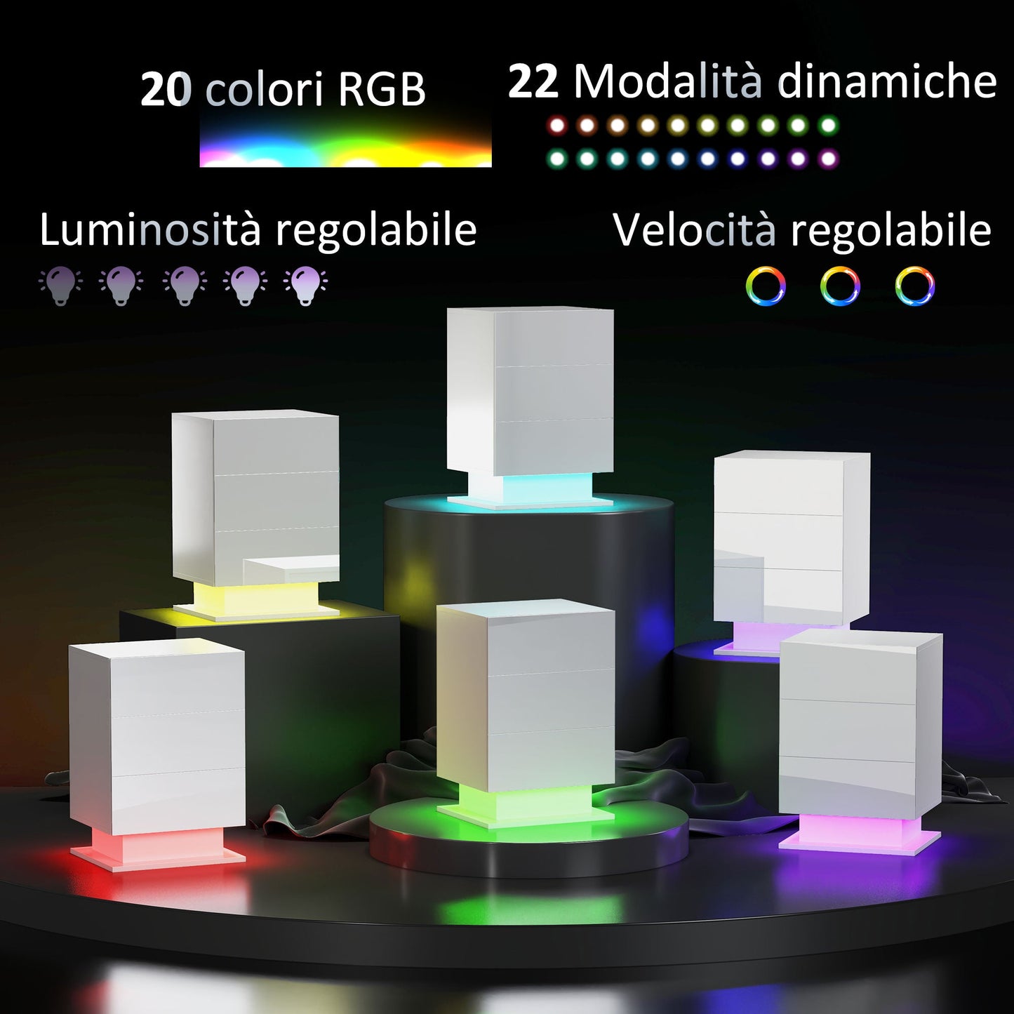 Modern Bedside Table with Adjustable LED Light with Remote Control and 3 Drawers, 40x35x60 cm, Glossy White