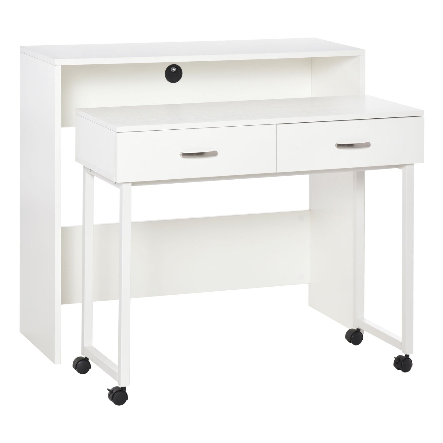 Space-Saving Desk Table for Bedroom and Office, Writing Desk with Drawers and Wheels, Double or Single Workstation, 100x36x88cm, White