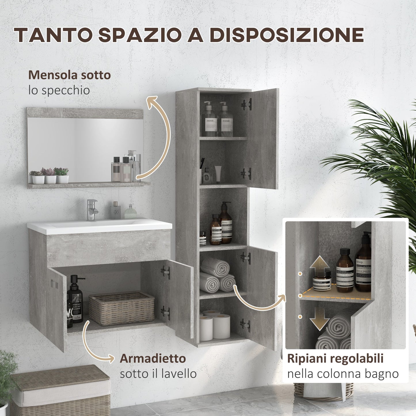 Grey 4 Piece Bathroom Furniture Set with 60cm Sink, Cabinet, Bathroom Column and Wooden Mirror, Grey