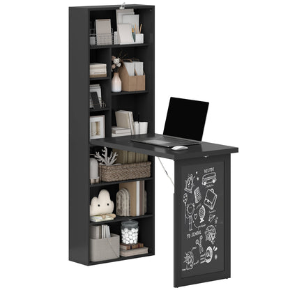 Modern Folding Desk with Bookshelf and Blackboard, Wood and Metal, 98x51x153 cm, Black