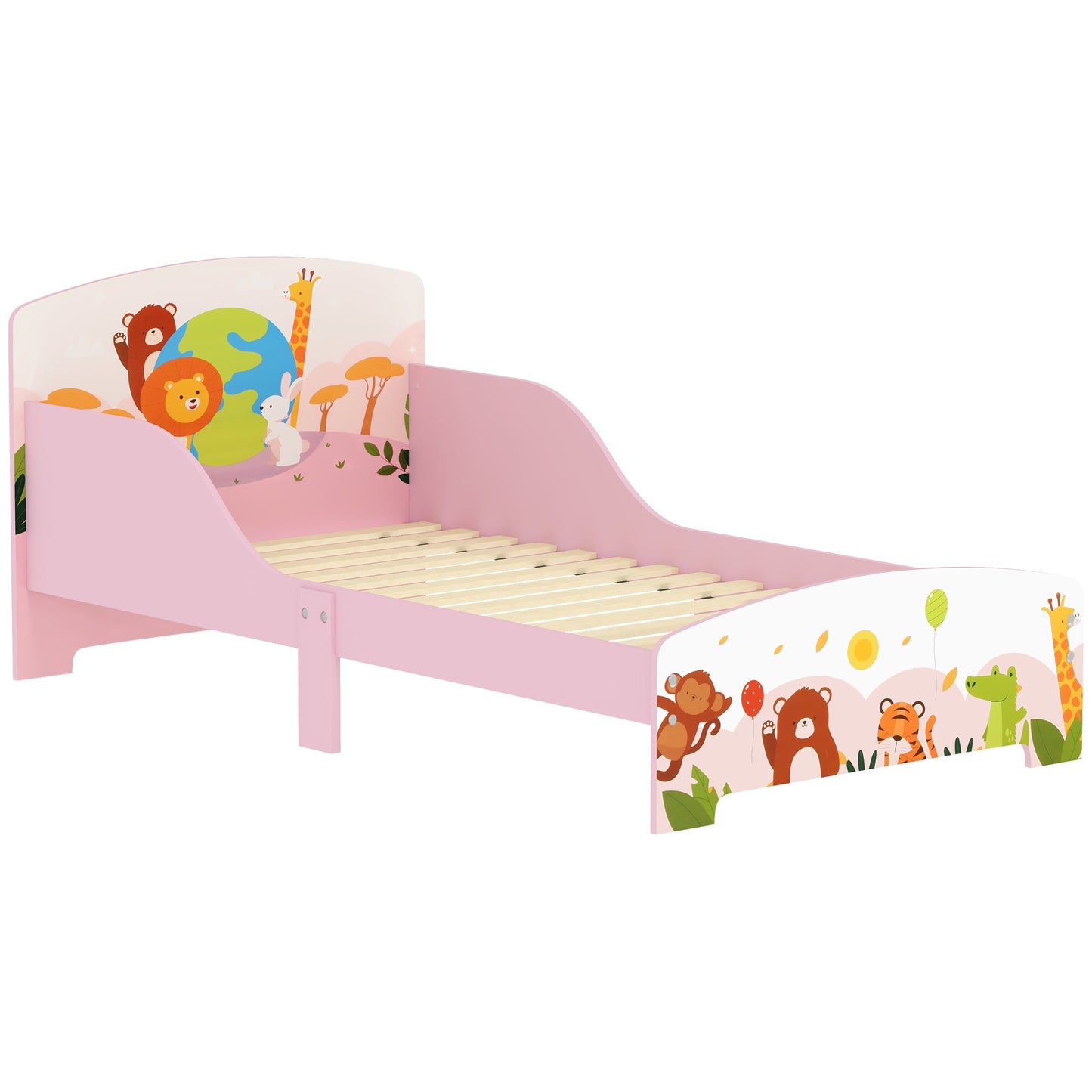 Wooden Cot for Children 3+ Years with Raised Edges and Safety Rails, 143x77x60 cm, Pink