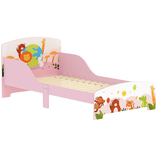 Wooden Cot for Children 3+ Years with Raised Edges and Safety Rails, 143x77x60 cm, Pink
