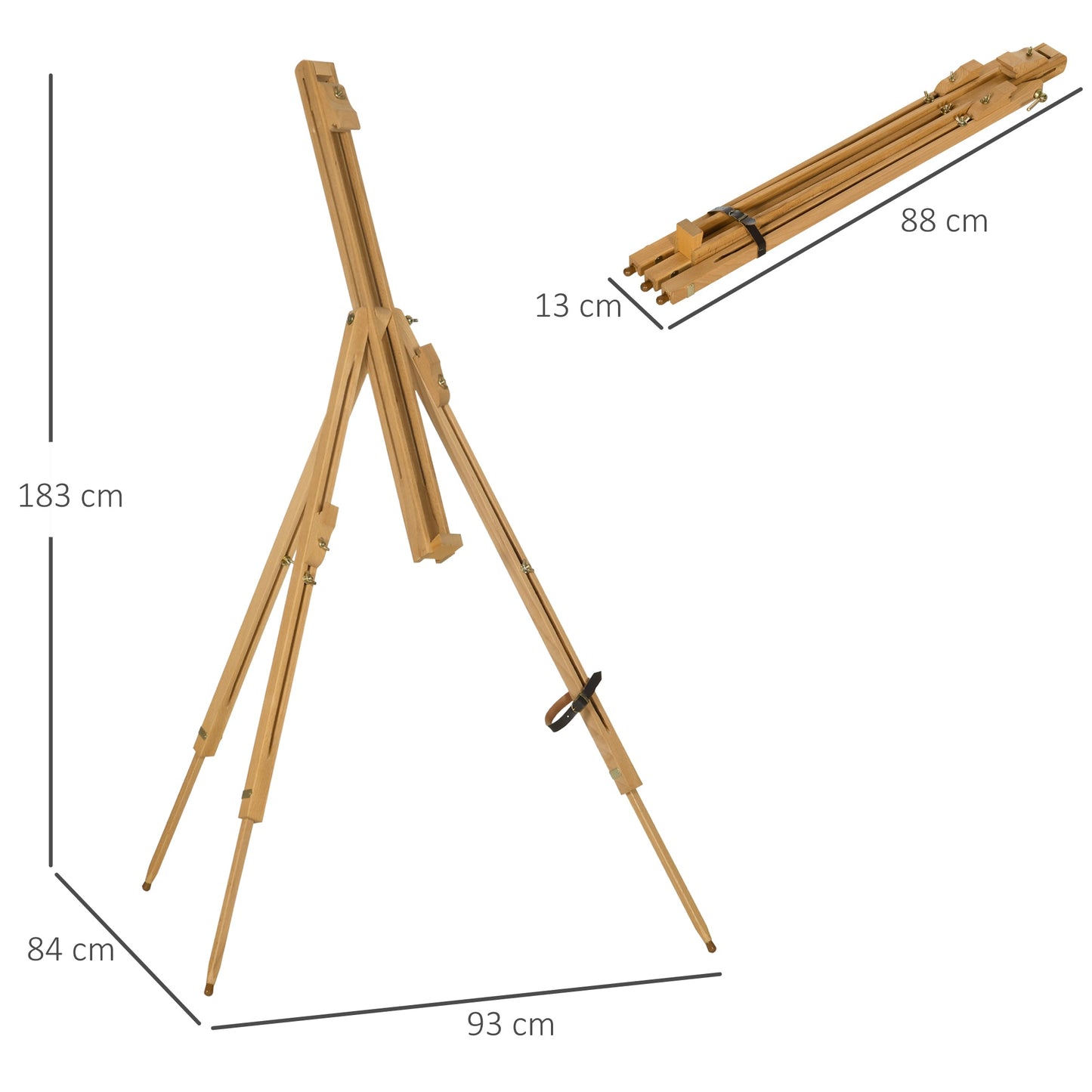 Space-Saving Beech Wood Painting Easel with Adjustable Height and Angle, 93x84x183 cm