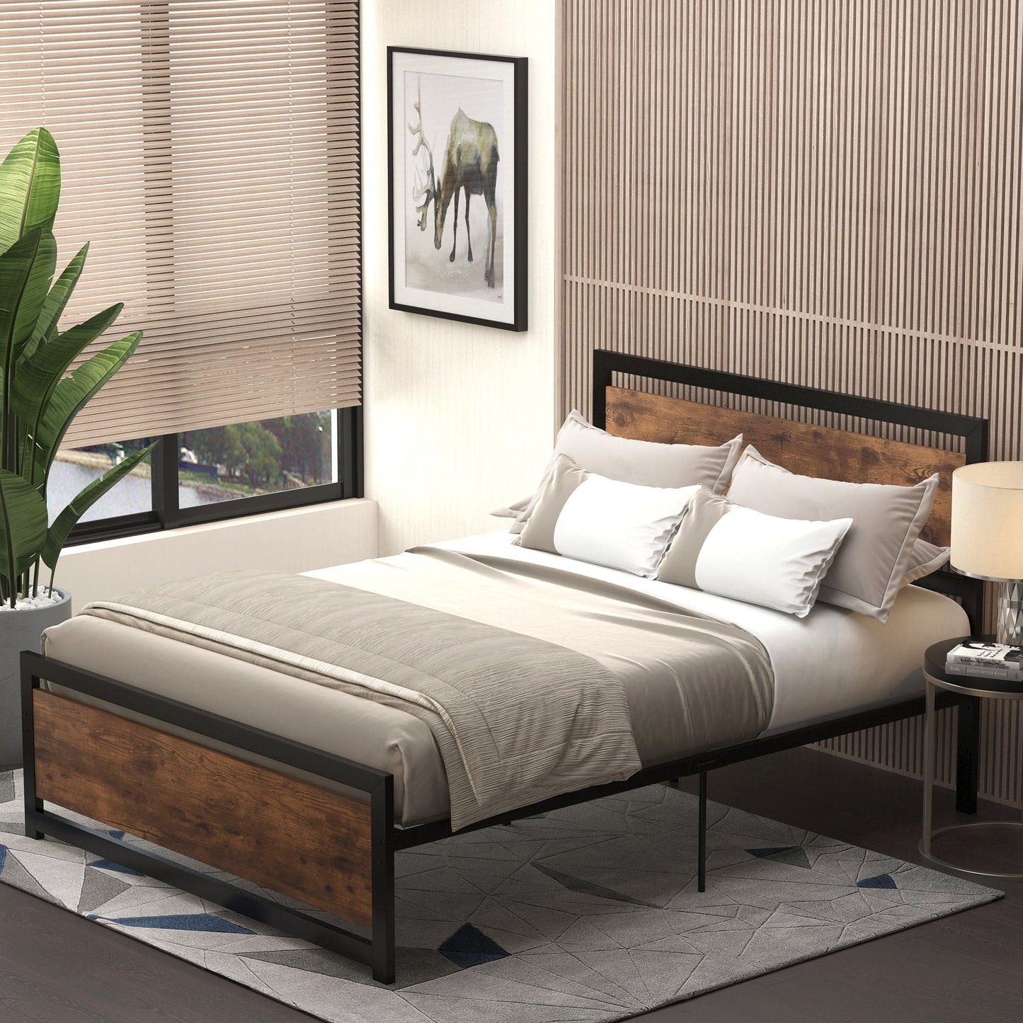 Queen Size Wooden and Steel Bed Frame with Industrial Style Slats, 140x200cm