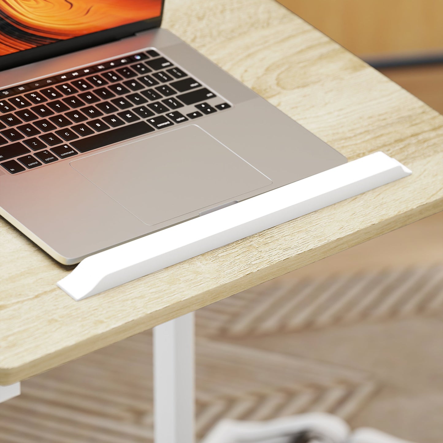 Adjustable Work Table with Tilting Top and 4 Wheels, in Wood and Metal, 55x36x62.5-82.5 cm, White and Oak