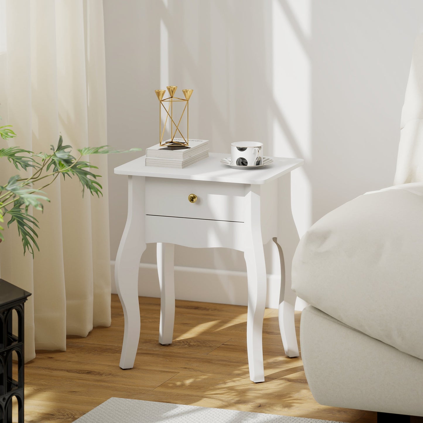 French Style Coffee Table with Drawer and Curved Legs, 45x35x55 cm, White