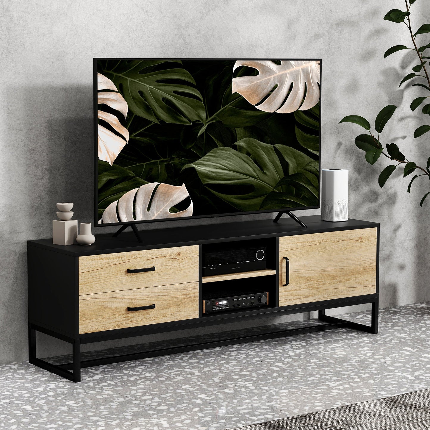 TV Cabinet 60" with Cabinet, 2 Drawers and Open Shelves, 140x35x45 cm, Natural Wood