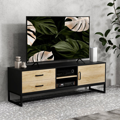 TV Cabinet 60" with Cabinet, 2 Drawers and Open Shelves, 140x35x45 cm, Natural Wood