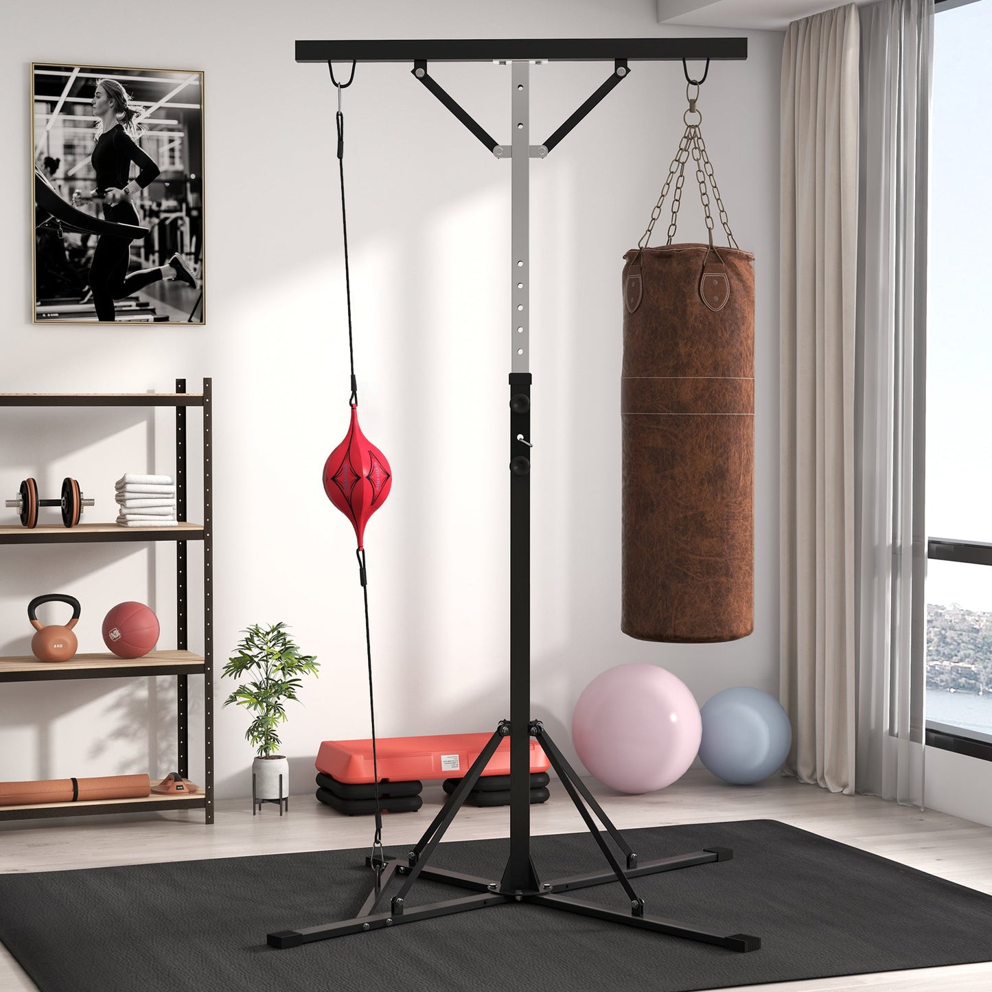 SPORTNOW Adjustable Height Punching Bag Support with 6 Steel Reinforcement Bars, 160x145x175-220 cm, Black