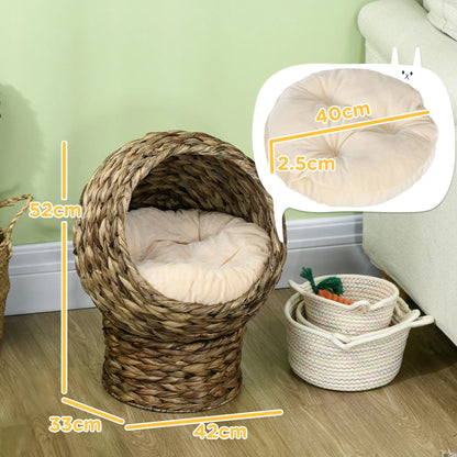 Raised Cat Bed with Cushion, Natural Banana Leaf House, Beige and Brown, 42x33x52cm