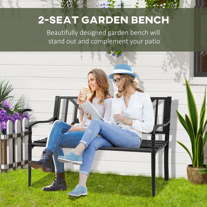 2-Seater Steel Garden Bench with High Back and Armrests, 128x62.5x81.5 cm, Black
