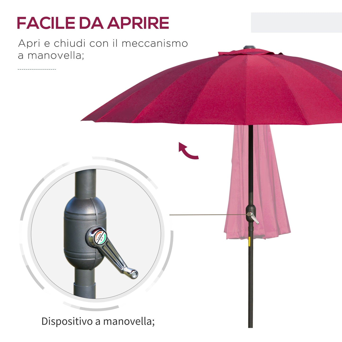 18-Ribbed Folding Round Umbrella with Crank Handle, Metal and Polyester, Ø250x240 cm, Wine Red