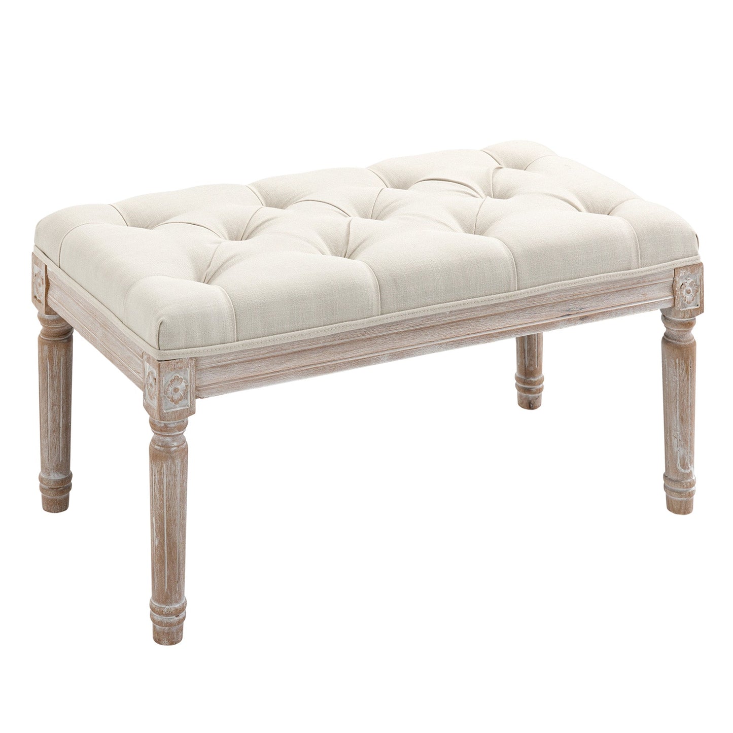 Upholstered Bed End Bench with Linen Effect Upholstery and Wooden Legs, 80x40x41cm, Beige
